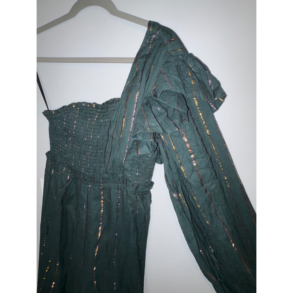 Farm Rio Anthropologie Green Metallic Striped One Shoulder Wide Leg Jumpsuit NEW - Picture 5 of 12